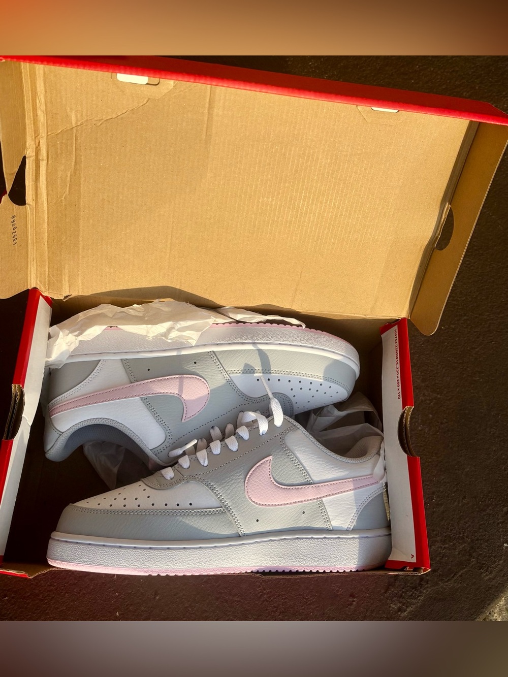 Women’s Nike Court Vision Low white, Grey and pale colorway.